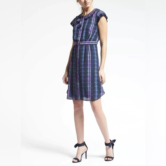Banana Republic Dresses & Skirts - Banana Republic Blue Multi Color Plaid Pleated Ruffle Neck Shirt Dress Size 8
